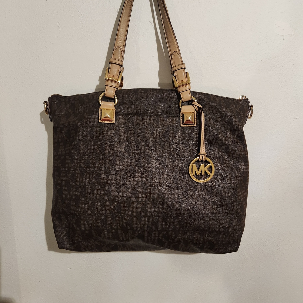 Michael Kors Dark Brown Logo Tote with Beige Straps and Gold Accent